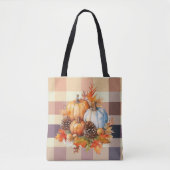Sinaasappel en Witte Pompoenen Bruin Plaid Hallowe Tote Bag (Voorkant)