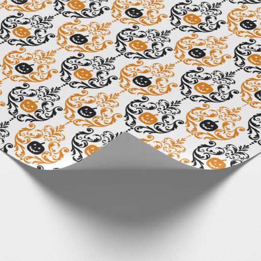 Sinaasappel en zwart Damask Halloween Pumpkins Cadeaupapier (Hoek)