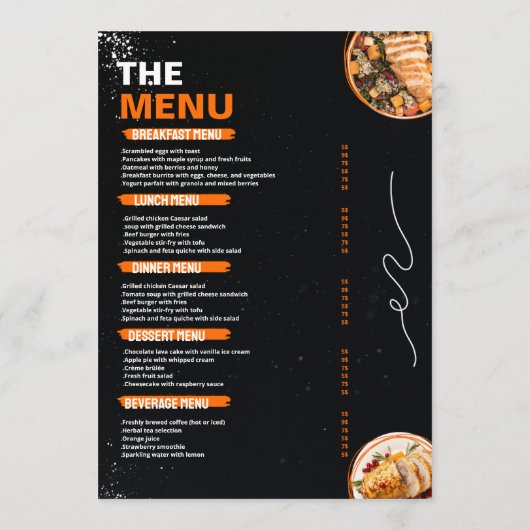 Sinaasappel en Zwart Eenvoudig Restaurant Menu, Re Menu (Achterkant)