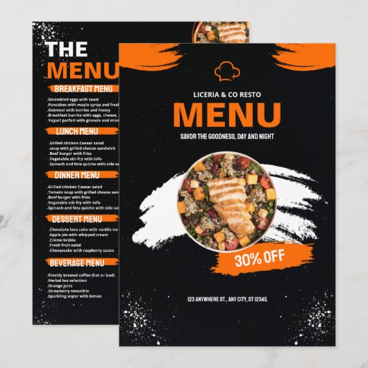 Sinaasappel en Zwart Eenvoudig Restaurant Menu, Re Menu (Voorkant / Achterkant)