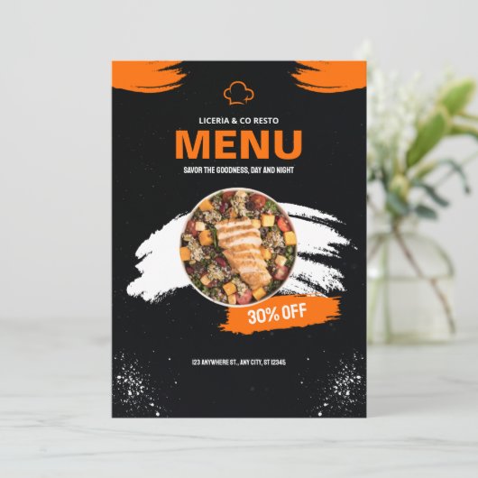 Sinaasappel en Zwart Eenvoudig Restaurant Menu, Re Menu (Staand voorkant)