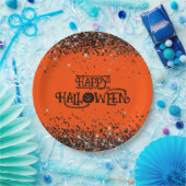 Sinaasappel en Zwart Glitter Happy Halloween Papieren Bordje (Feest)