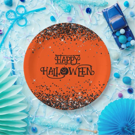 Sinaasappel en Zwart Glitter Happy Halloween Papieren Bordje (Feest)