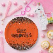 Sinaasappel en Zwart Glitter Happy Halloween Papieren Bordje (Feest)