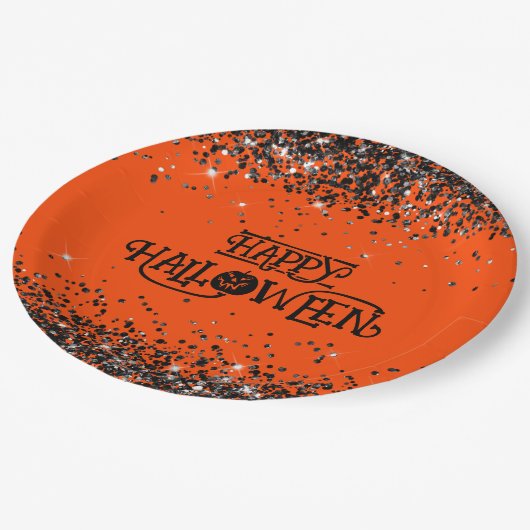 Sinaasappel en Zwart Glitter Happy Halloween Papieren Bordje (Gekanteld)