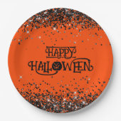 Sinaasappel en Zwart Glitter Happy Halloween Papieren Bordje (Voorkant)