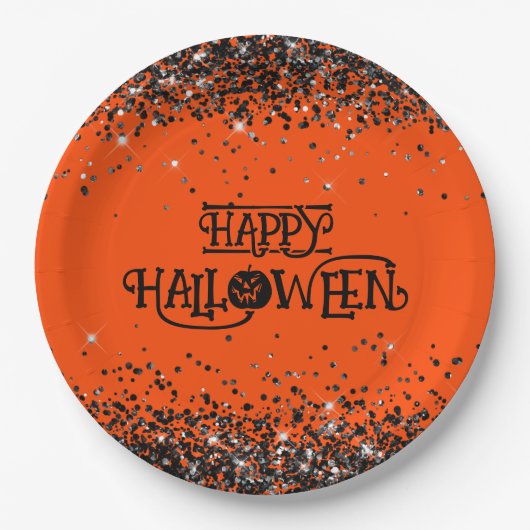 Sinaasappel en Zwart Glitter Happy Halloween Papieren Bordje (Voorkant)