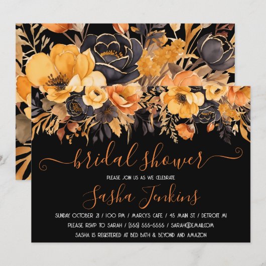 Sinaasappel en Zwart, Halloween, Bloemen Vrijgezel Kaart (Voorkant / Achterkant)