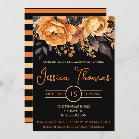 Sinaasappel en Zwart, Halloween, Bloemen Vrijgezel Kaart (Voorkant / Achterkant)