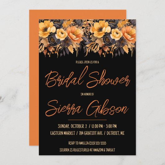 Sinaasappel en Zwart, Halloween, Bloemen Vrijgezel Kaart (Voorkant / Achterkant)