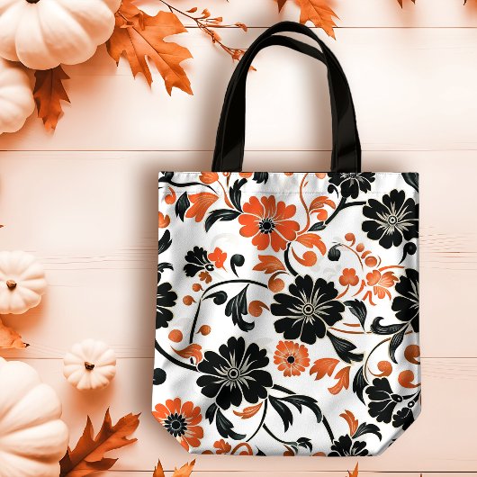 Sinaasappel en zwart op witte Herfst Bloemen Tote Bag