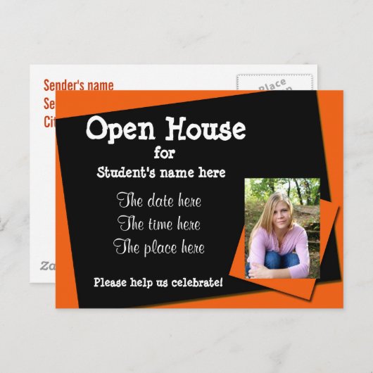 Sinaasappel en zwart open huis uitnodiging briefkaart (Voorkant / Achterkant)