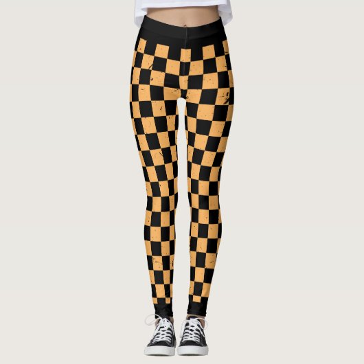 sinaasappel en zwart schaakbordpatroon leggings (Voorkant)