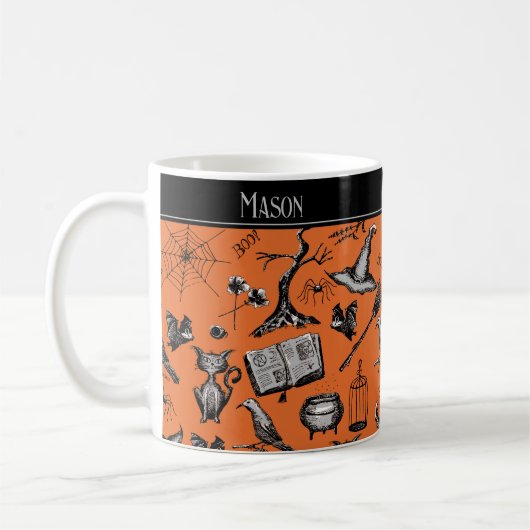 Sinaasappel en Zwart Spooky Halloween Kinder Mok (Links)