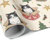 Sinaasappel en Zwart & Witte Kittens Kerstpatroon Cadeaupapier (Rol Hoek)