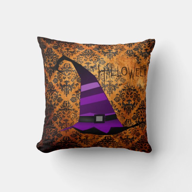 Sinaasappel en zwarte Damask Halloween Witches Pet Kussen (Voorkant)