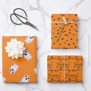 Sinaasappel en Zwarte Halloween Geesten Inpakpapier Vel