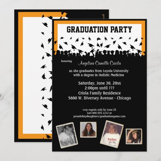 Sinaasappel en zwarte Silhouette Graduette Party Kaart (Voorkant / Achterkant)