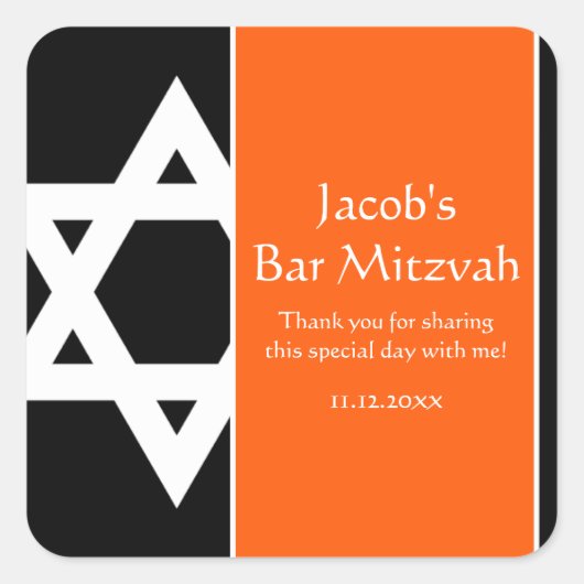 Sinaasappel en Zwarte Ster van David Bar Mitzvah F Vierkante Sticker (Voorkant)