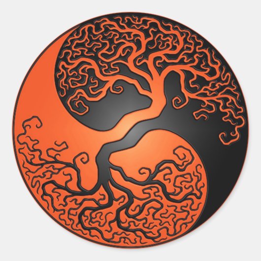 Sinaasappel en Zwarte Yin Yang Tree Ronde Sticker (Voorkant)