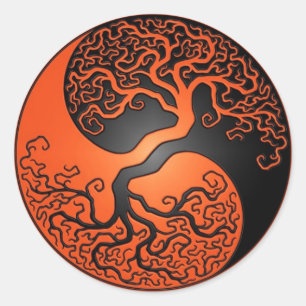 Sinaasappel en Zwarte Yin Yang Tree Ronde Sticker