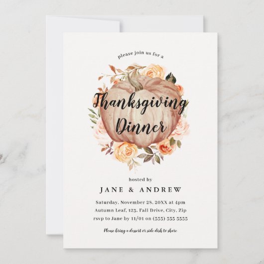 Sinaasappel Floral Pumpkin Thanksgiving Dinner Kaart (Voorkant)