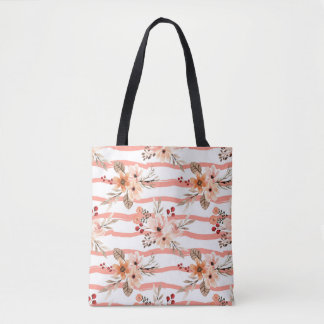 Sinaasappel Floral Stripes Patroon Tote Bag