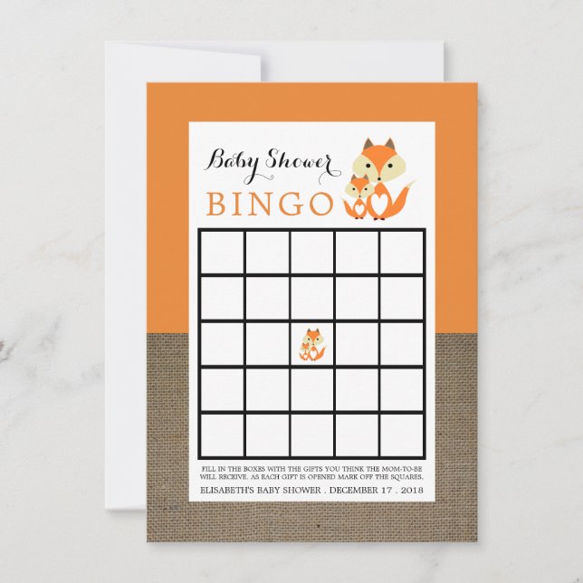 Sinaasappel Fox Burlap Baby shower Bingo (Voorkant)