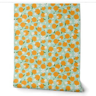 Sinaasappel Fruit - Witte Bloemen - Mint Achtergro Behang