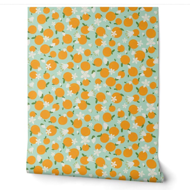 Sinaasappel Fruit - Witte Bloemen - Mint Achtergro Behang (Afrollen)