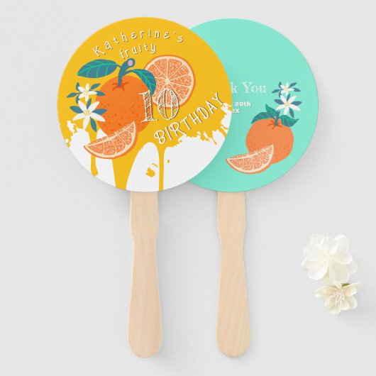 Sinaasappel Fruitige 10e Verjaardag Handwaaier (Voorkant en achterkant)