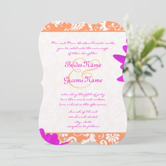 Sinaasappel & Fuchsia Gerber Daisy Wedding Invitat Kaart (Staand voorkant)