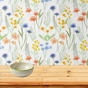 Sinaasappel Geel Blauw Aquarel Wilde Bloem Behang