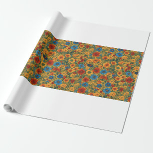 Sinaasappel, geel, blauw en groen bloemontwerp. cadeaupapier