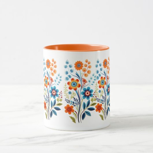 Sinaasappel Geel Blauw Groen Retro  Bloemen Mok (Midden)