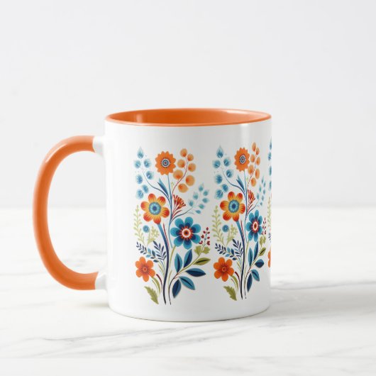 Sinaasappel Geel Blauw Groen Retro  Bloemen Mok (Links)