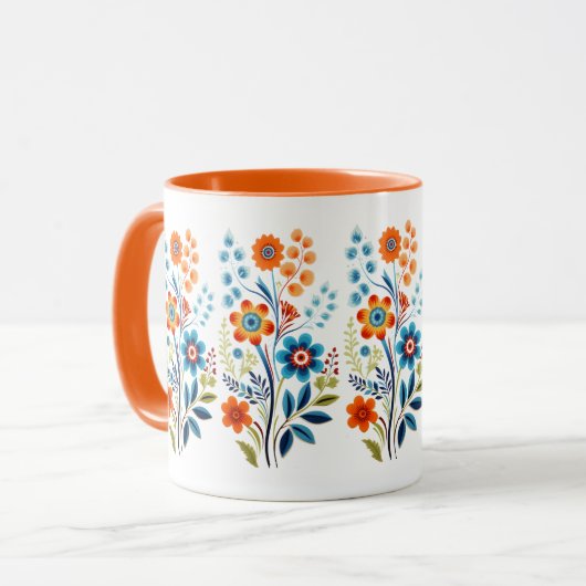 Sinaasappel Geel Blauw Groen Retro  Bloemen Mok (Voorkant links)