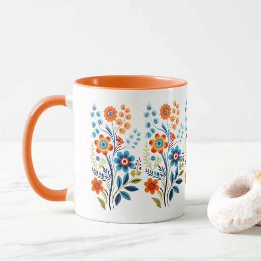 Sinaasappel Geel Blauw Groen Retro  Bloemen Mok (Met donut)