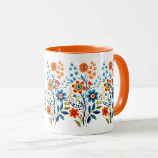 Sinaasappel Geel Blauw Groen Retro Bloemen Mok (Voorkant rechts)