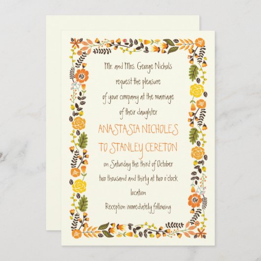  sinaasappel geel bloemgrens modern bruiloft kaart (Voorkant / Achterkant)