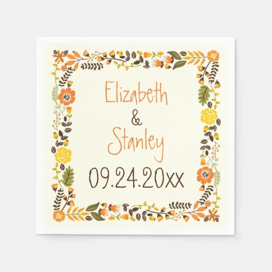 sinaasappel geel bloemgrens modern bruiloft servetten (Voorkant)