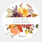 Sinaasappel & Geel Goud Bloemen 2 Dank u Ronde Sticker (Voorkant)