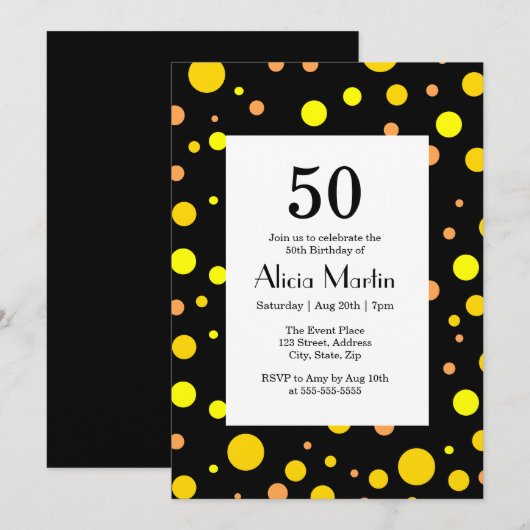 Sinaasappel Geel Goud Polka Dot Zwart 50e Verjaard Kaart (Voorkant / Achterkant)