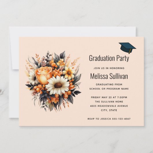 Sinaasappel Geel Grijs Bloemboeket Afstuderen Kaart (Voorkant)