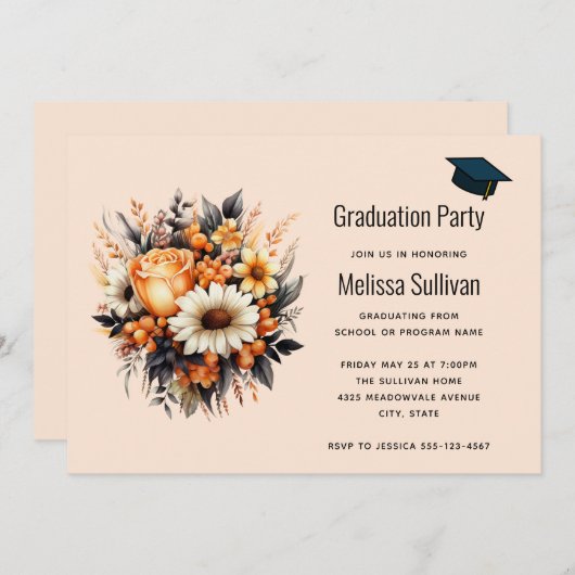 Sinaasappel Geel Grijs Bloemboeket Afstuderen Kaart (Voorkant / Achterkant)