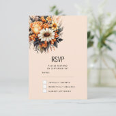 Sinaasappel Geel Grijs Bloemboeket Bruiloft RSVP Kaartje (Staand voorkant)