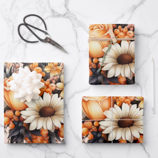 Sinaasappel Geel Grijs Bloemboeket Inpakpapier Vel (Voorkant)