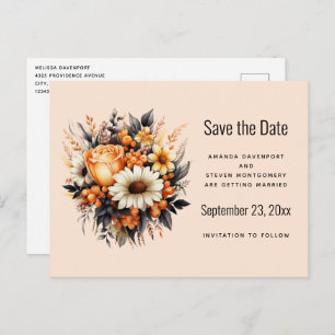 Sinaasappel Geel Grijs Bloemboeket Save the Date Uitnodiging Briefkaart