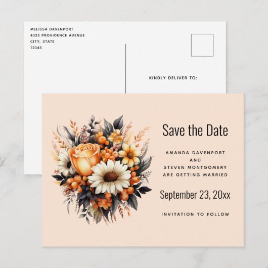 Sinaasappel Geel Grijs Bloemboeket Save the Date Uitnodiging Briefkaart (Voorkant / Achterkant)