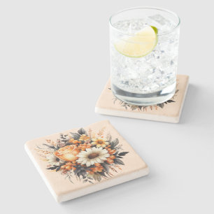 Sinaasappel Geel Grijs Bloemboeket Stenen Onderzetter